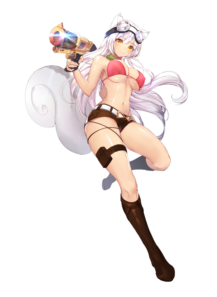 1girl, animal_ears, belt, bikini, bikini_top, blush, boots, breasts