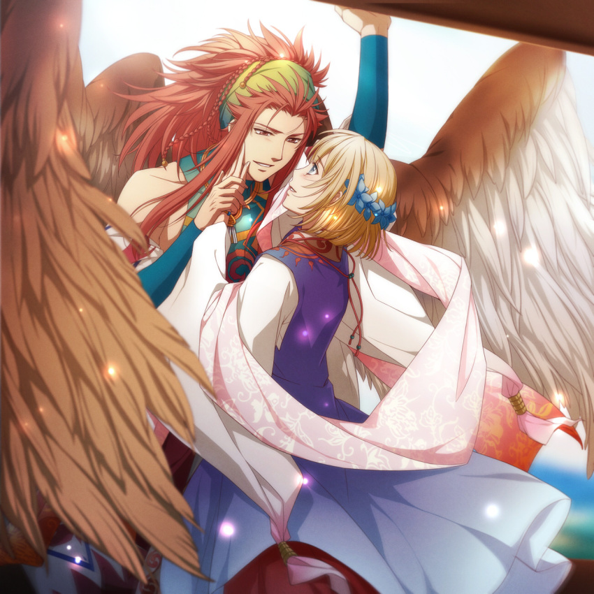 1boy, 1girl, 83pikoru, angel_wings, arm_up, ashihara_chihiro, beads, blonde_hair