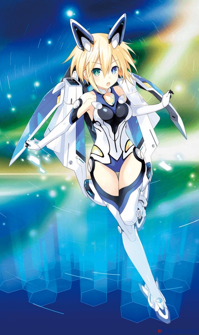1girl, ange_vierge, bangs, bare_shoulders, blonde_hair, blue_eyes, bodysuit, breasts