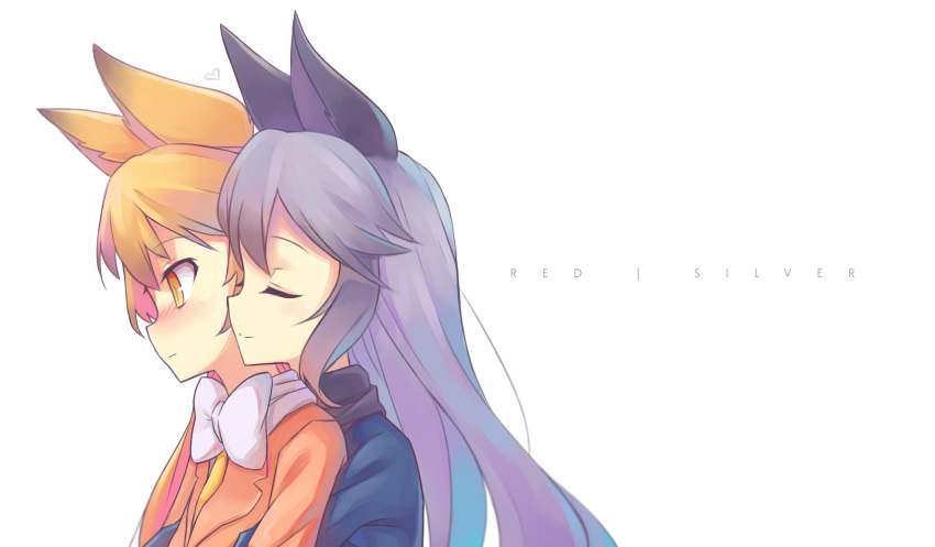 2girls, absurdres, animal_ears, blazer, blonde_hair, blush, bow, bowtie, brown_eyes, closed_eyes, closed_mouth, cyan_aeolin, english, ezo_red_fox_(kemono_friends), fox_ears, from_side, highres, hug, hug_from_behind, jacket, kemono_friends, long_hair, multiple_girls, necktie, profile, silver_fox_(kemono_friends), silver_hair, smile, upper_body, wavy_mouth, white_background, white_bow, white_bowtie, yellow_necktie
