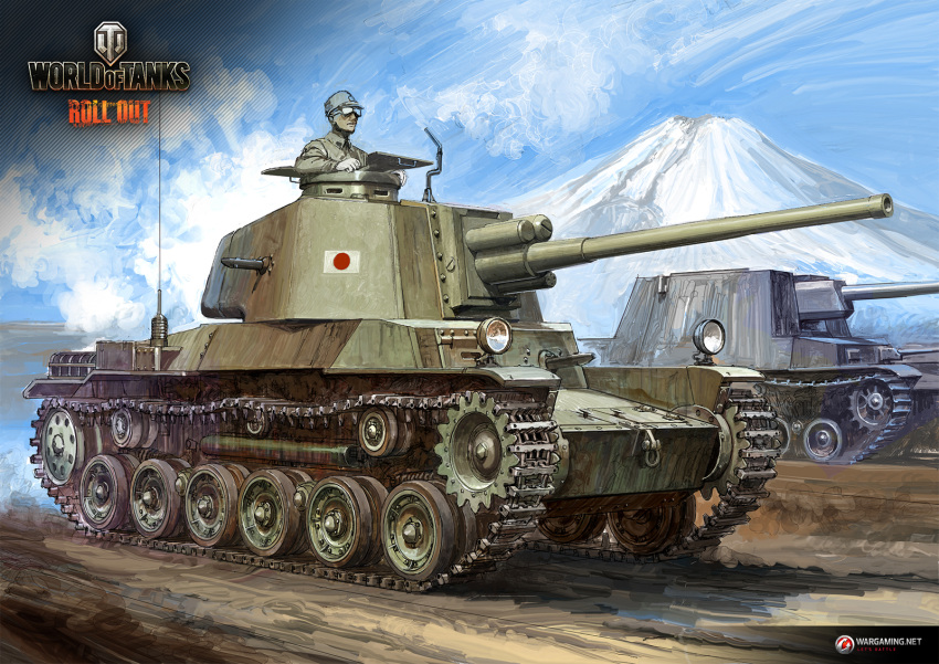 1boy, clouds, ground_vehicle, highres, military, military_vehicle, motor_vehicle, mount_fuji