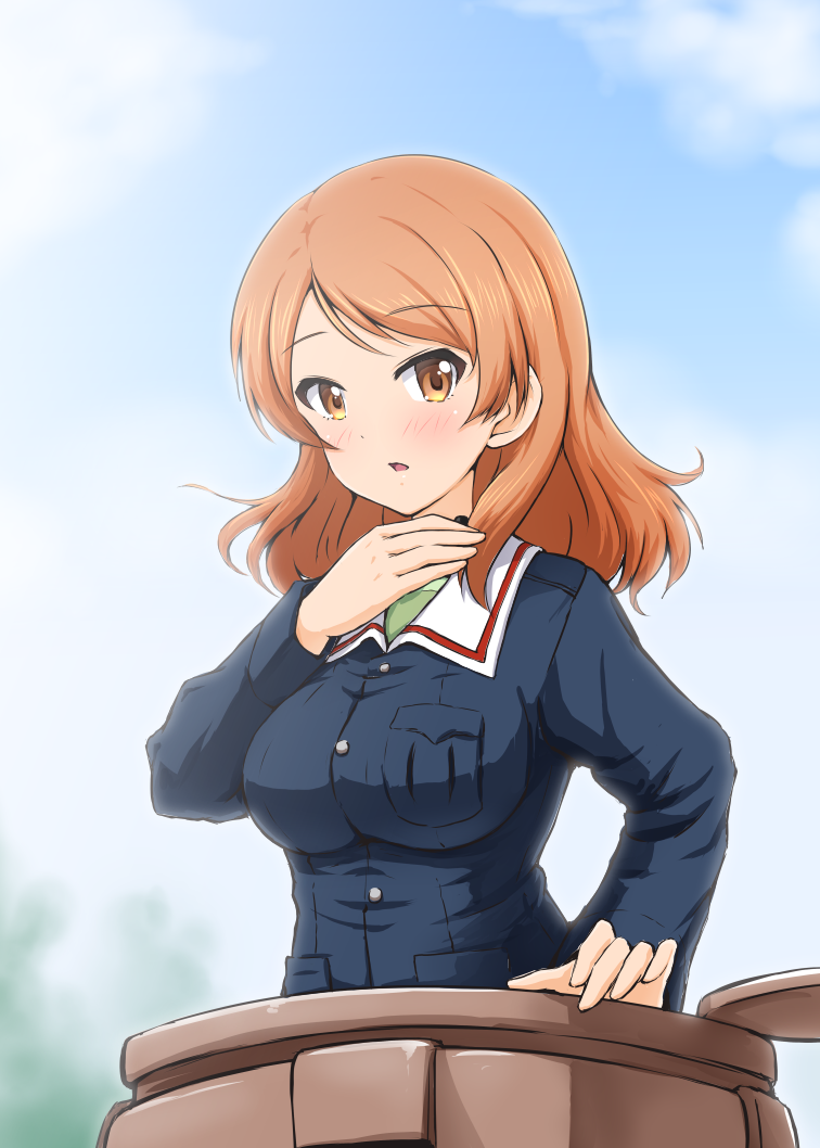 1girl, brown_eyes, diesel-turbo, fuchigami_mai, girls_und_panzer, ground_vehicle, houjou_karen, idolmaster