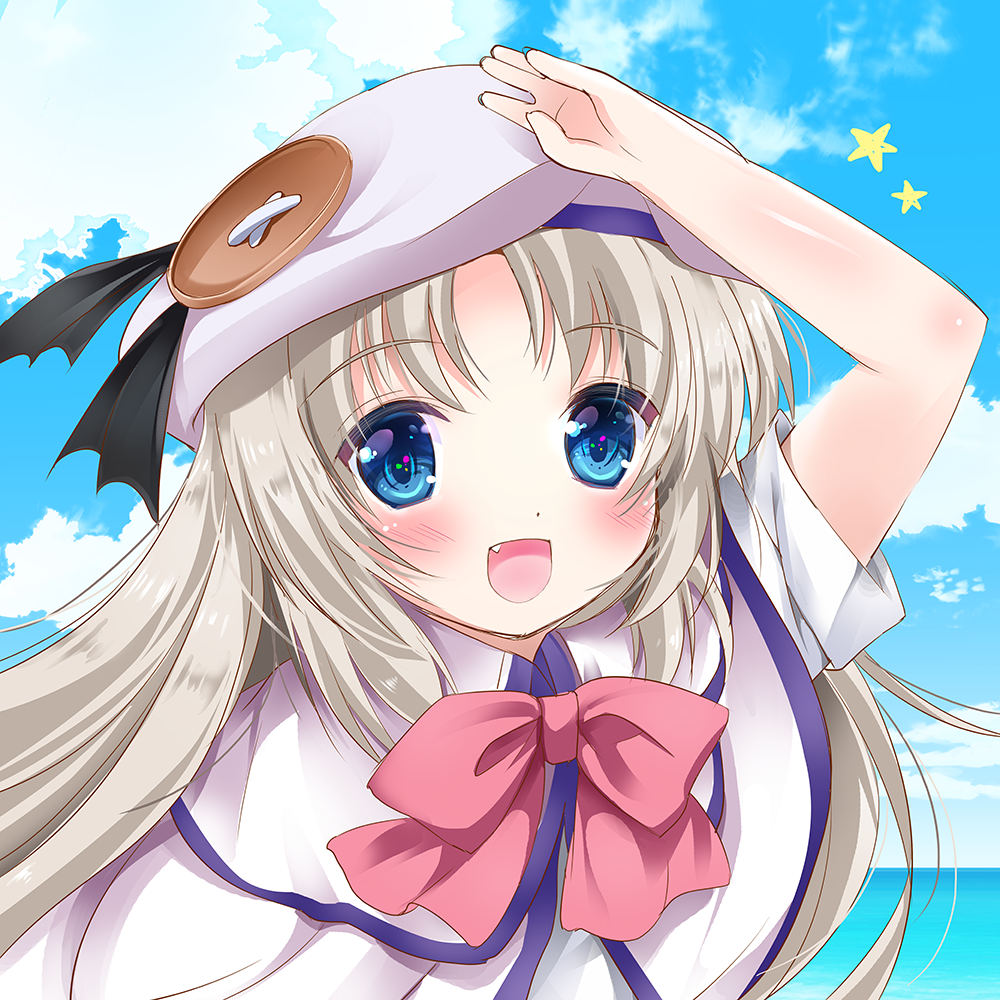 1girl, asahina_yori, bat_hair_ornament, beach, beret, blue_eyes, capelet, day
