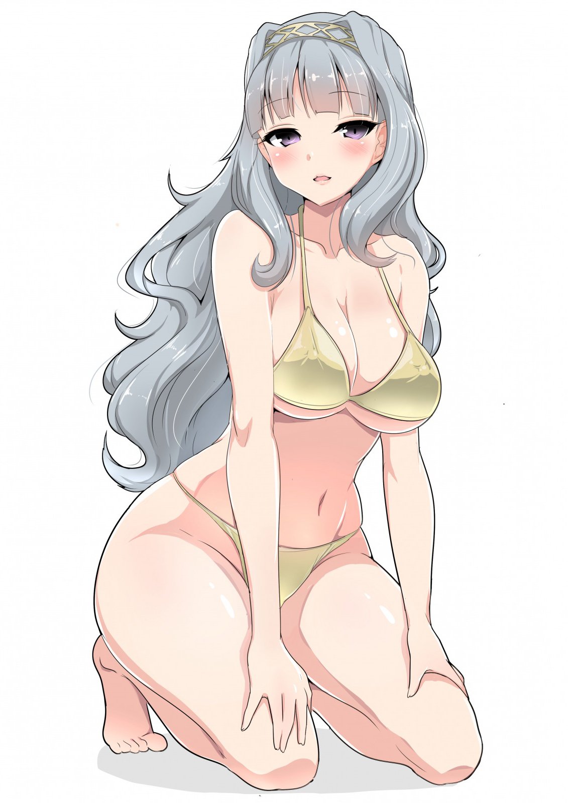 1girl, bangs, bare_legs, bikini, blunt_bangs, blush, breasts, cleavage