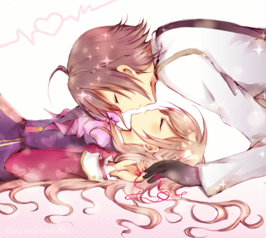 1boy, 1girl, ahoge, blush, brown_hair, eyes_closed, glass_heart_princess, gloves, gradient_background, heart, himeno_kyouko, long_hair, masaki_shinnosuke, nnk, purple_eyes, short_hair, simple_background, tagme