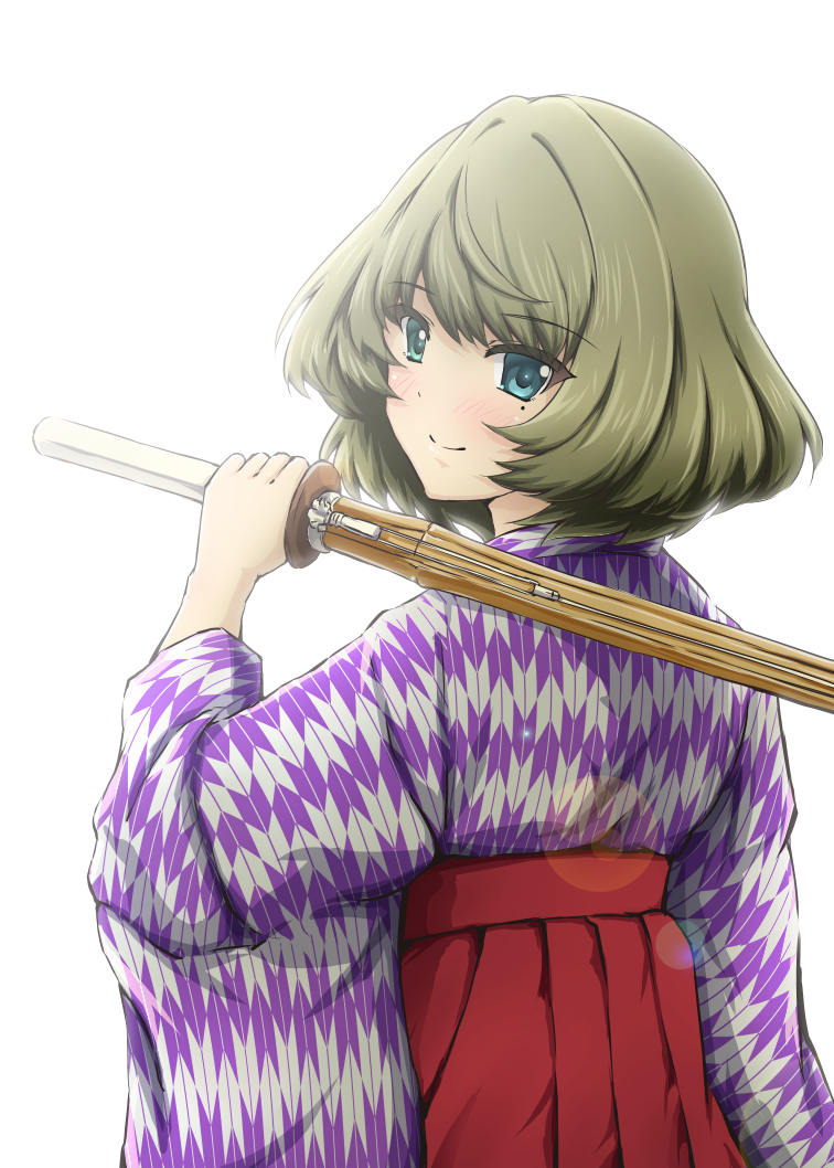 blue_eyes, green_eyes, green_hair, hakama, heterochromia, idolmaster, idolmaster_cinderella_girls, kendo_stick, short_hair, takagaki_kaede
