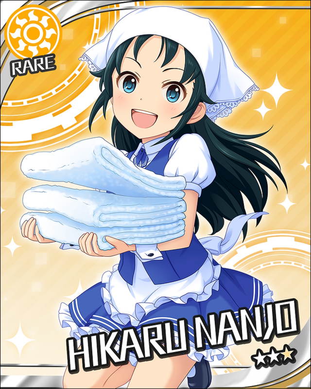 apron, black_hair, blue_eyes, blush, character_name, dress, idolmaster, idolmaster_cinderella_girls, long_hair, nanjou_hikaru, smile, towels