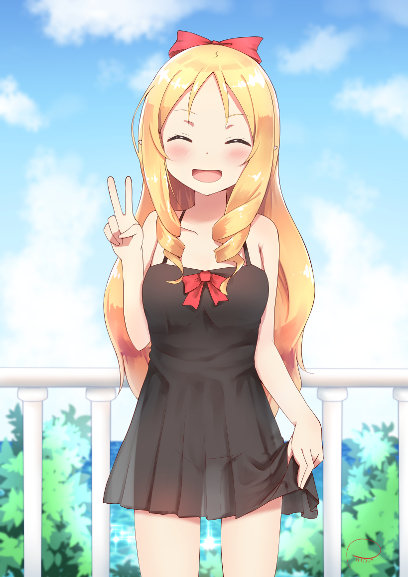 blonde_hair, bluah, closed_eyes, dress, eromanga_sensei, happy, long_hair, yamada_elf