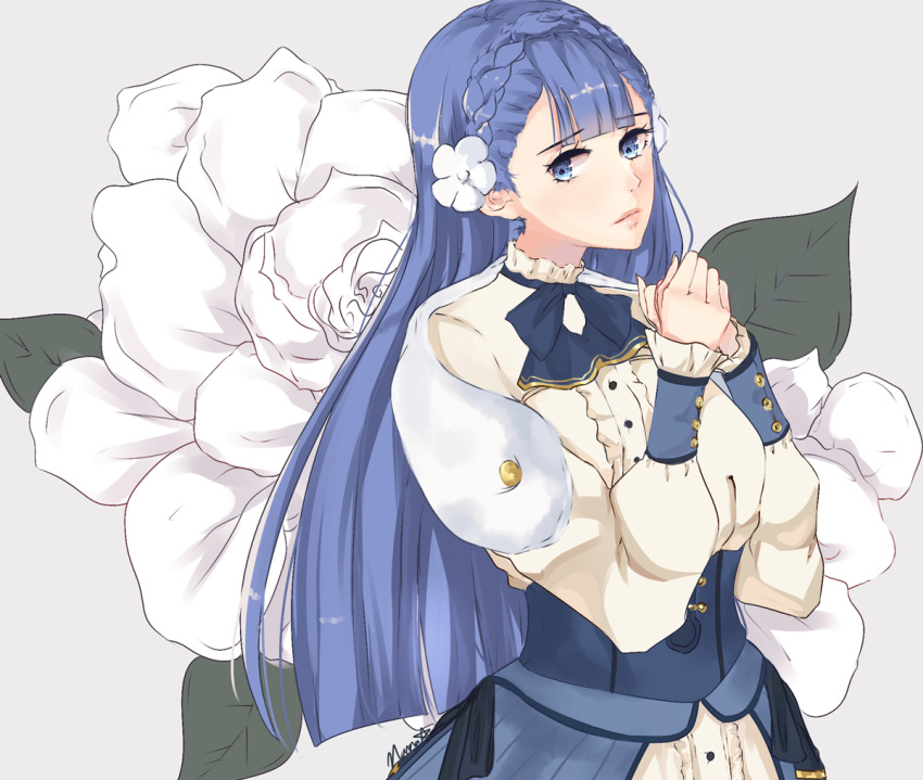 1girl, artist_name, blue_eyes, blue_hair, bow, bowtie, braid, fire_emblem