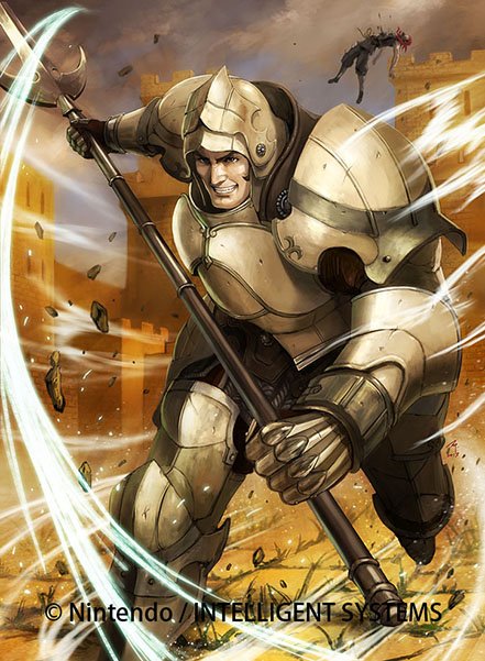 1boy, armor, armored_boots, boots, brown_eyes, brown_hair, castle, clouds, cloudy_sky, company_name, faceless, faceless_male, fire_emblem, fire_emblem_cipher, fire_emblem_echoes:_mou_hitori_no_eiyuuou, full_body, gloves, grass, helmet, ippei_soeda, knight, male_focus, official_art, polearm, rock, sky, solo, spear, teeth, valbar_(fire_emblem), weapon