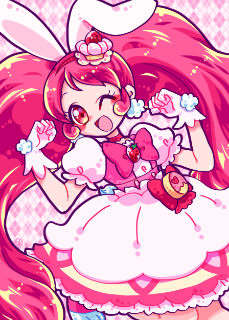 1girl, ;d, animal_ears, argyle, argyle_background, bow, cake_hair_ornament, cowboy_shot, cure_whip, dress, extra_ears, food_themed_hair_ornament, gloves, hair_ornament, hairband, kiku009, kirakira_precure_a_la_mode, long_hair, looking_at_viewer, magical_girl, one_eye_closed, open_mouth, pink_background, pink_bow, pink_hair, precure, rabbit_ears, red_choker, red_eyes, red_hairband, smile, solo, twintails, usami_ichika, white_dress, white_gloves