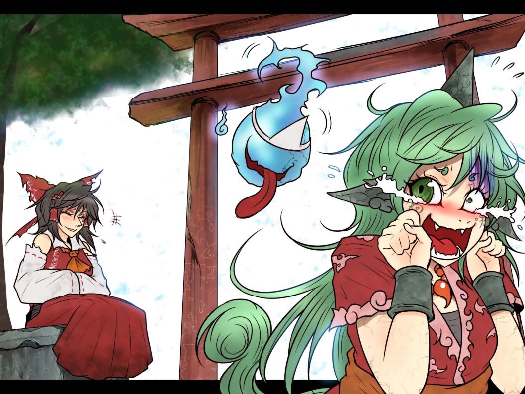 2girls, ascot, bangs, black_hair, blush, bracelet, closed_eyes, constricted_pupils