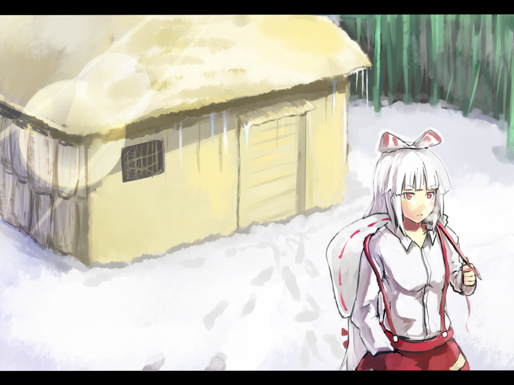 blunt_bangs, bow, breath, fujiwara_no_mokou, hair_bow, house, letterboxed, long_hair