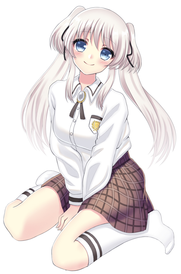 1girl, 2014, between_legs, blue_eyes, hair_ribbon, hand_between_legs, long_sleeves, mabinogi