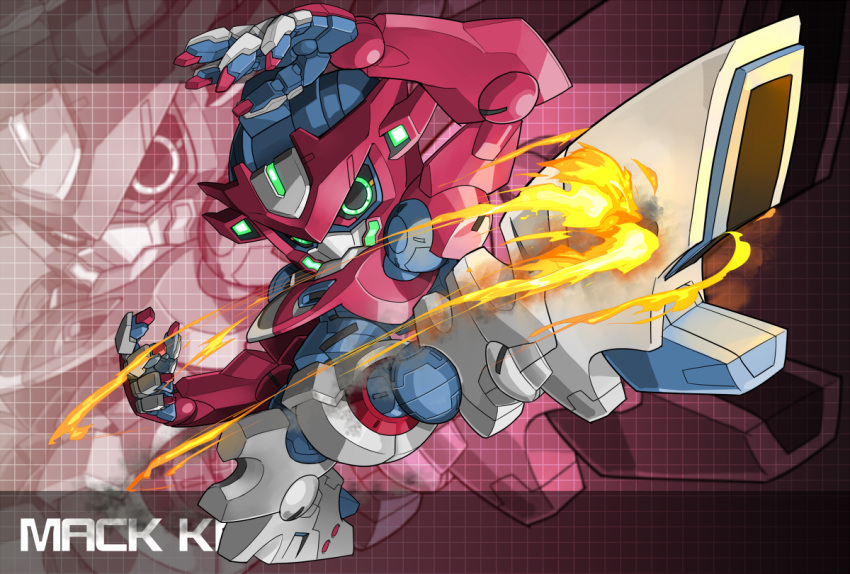 character_name, fire, gundam, gundam_g_no_reconguista, kicking, mack_knife, mecha, memento_vivi, no_humans, zoom_layer