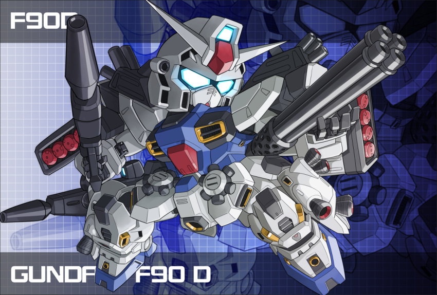 beam_rifle, blue_eyes, character_name, energy_gun, f90_gundam, gatling_gun, glowing, glowing_eyes
