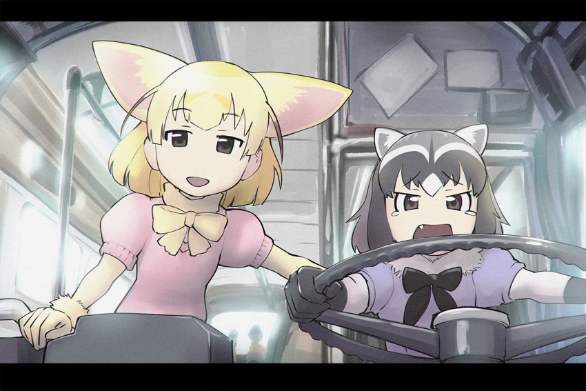 2girls, animal_ears, black_hair, blonde_hair, bow, bowtie, brown_eyes, bus, commentary, common_raccoon_(kemono_friends), fang, fennec_(kemono_friends), fox_ears, gloves, grey_hair, ground_vehicle, interior, kemono_friends, motor_vehicle, multicolored_hair, multiple_girls, open_mouth, puffy_sleeves, raccoon_ears, short_hair, short_sleeves, smile, speed, tears, ueyama_michirou, white_hair