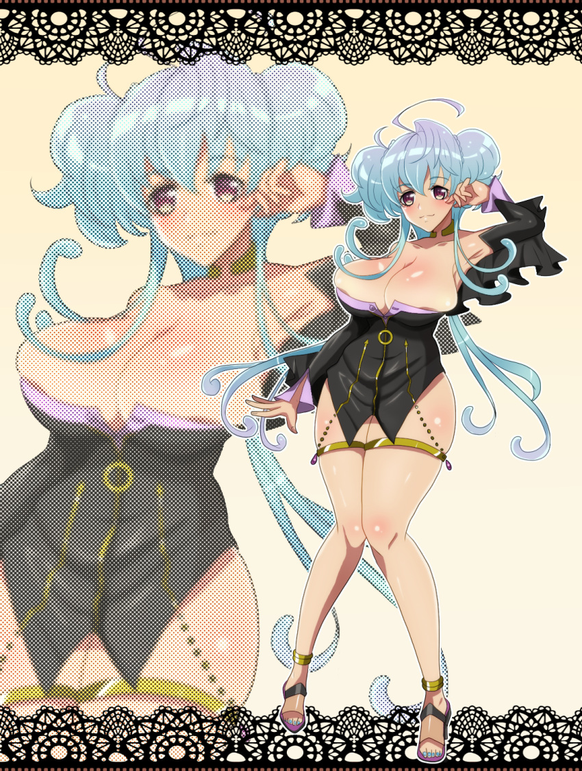1girl, ahoge, anklet, arm_up, bare_shoulders, blue_hair, blush, breasts, bursting_breasts, cagliostro_(symphogear), cleavage, closed_mouth, commentary_request, detached_sleeves, full_body, genderswap, genderswap_(mtf), highres, jewelry, large_breasts, legs_together, long_hair, looking_at_viewer, mai_(shayu345), nail_polish, senki_zesshou_symphogear, shiny, shiny_hair, shiny_skin, skindentation, smile, solo, standing, thigh_strap, thighs, violet_eyes, zoom_layer