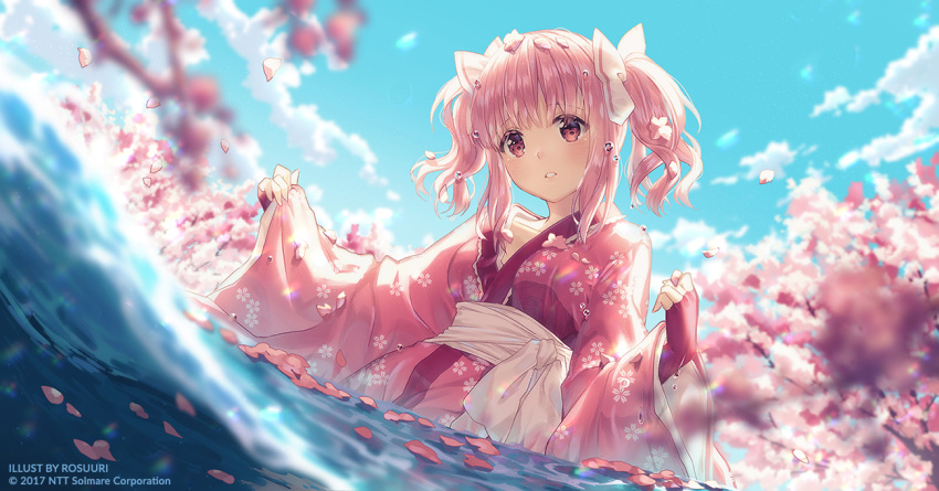 1girl, 2017, artist_name, bangs, blue_sky, blurry, bow, breasts