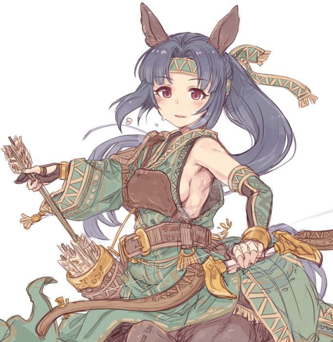 1girl, 7010, animal_ears, arrow, asymmetrical_clothes, asymmetrical_sleeves, belt, black_hair, bow_(weapon), breasts, centaur, commentary, eyebrows_visible_through_hair, gloves, headband, horse_ears, idolmaster, idolmaster_cinderella_girls, light_smile, long_hair, medium_breasts, mizuno_midori, monster_girl, monsterification, muneate, parted_lips, partly_fingerless_gloves, pink_eyes, ponytail, quiver, sideboob, simple_background, single_sleeve, solo, upper_body, weapon, white_background, wide_sleeves