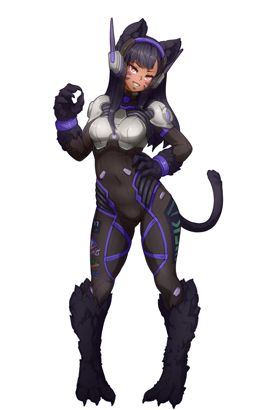 >:), 1girl, alternate_hair_color, alternate_skin_color, animal_ears, barbariank, black_fur, black_hair, bodysuit, breastplate, cat_ears, cat_tail, claws, commentary, covered_navel, d.va_(overwatch), dark_skin, facial_mark, fangs, full_body, grin, hand_on_hip, head_tilt, headphones, heroes_of_the_storm, highres, long_hair, looking_at_viewer, monster_girl, monsterification, multicolored, multicolored_clothes, orange_eyes, overwatch, paws, pigeon-toed, pilot_suit, ribbed_bodysuit, shoulder_pads, smile, solo, standing, tail, teeth, transparent_background, violet_eyes, whisker_markings