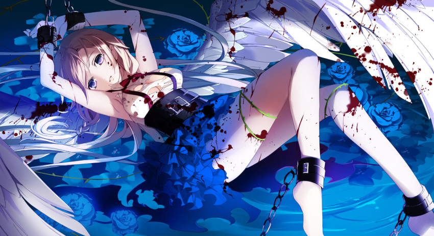 1girl, armpits, arms_up, bare_shoulders, blood, blood_on_face, bloody_clothes, bloody_wings
