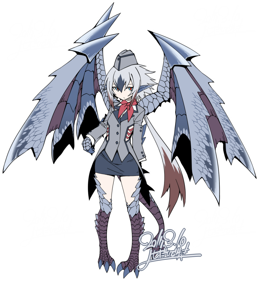 2017, ascot, blue_eyes, claws, dated, dragon_girl, grey_hair, hat, highres, monster_girl, monster_hunter, monster_hunter_xx, multicolored, multicolored_eyes, multicolored_hair, pointy_ears, ponytail, red_eyes, redhead, signature, skirt, tail, tsurime, valfalk, wings, yoshida_hideyuki