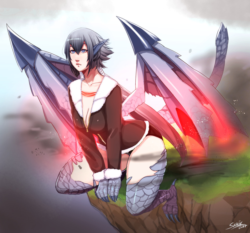 1girl, blue_eyes, blue_hair, blue_sky, bomber_jacket, breasts, claws, cleavage