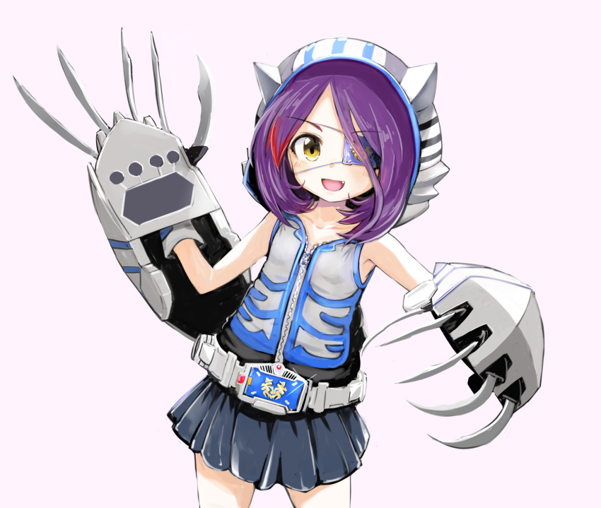 1girl, :d, adapted_costume, animal_hood, armpits, blue_skirt, blush, claw_(weapon)