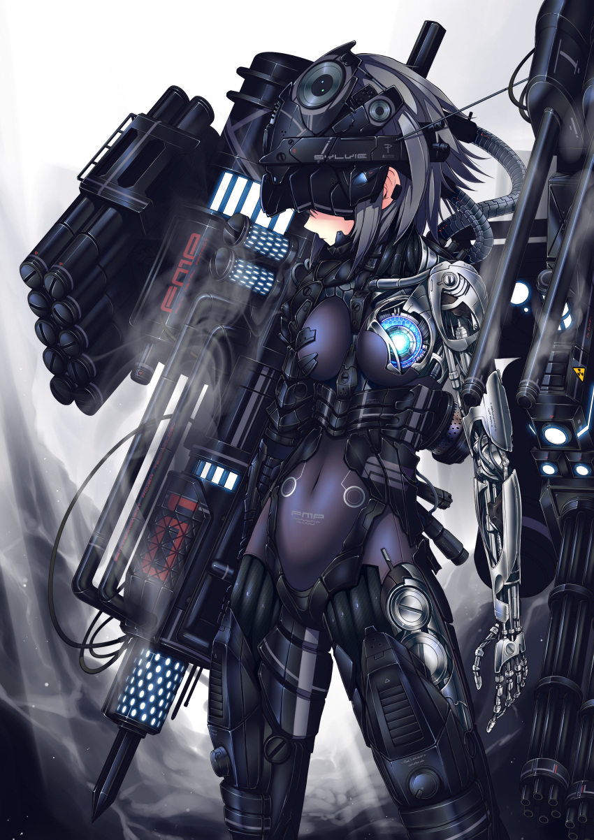 1girl, absurdres, black_hair, bodysuit, breasts, cable, covered_eyes, covered_navel