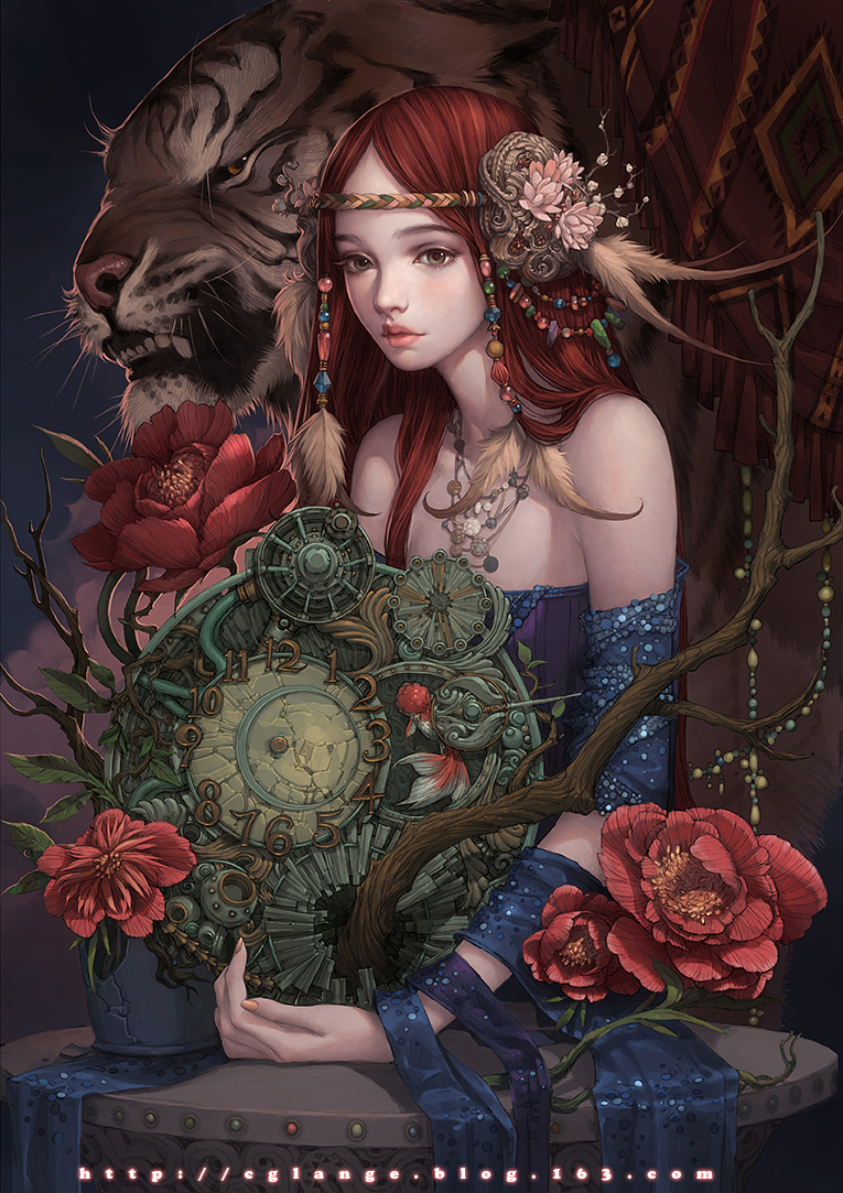 1girl, bare_shoulders, beads, brown_eyes, cglange, clock, cracked, feathers