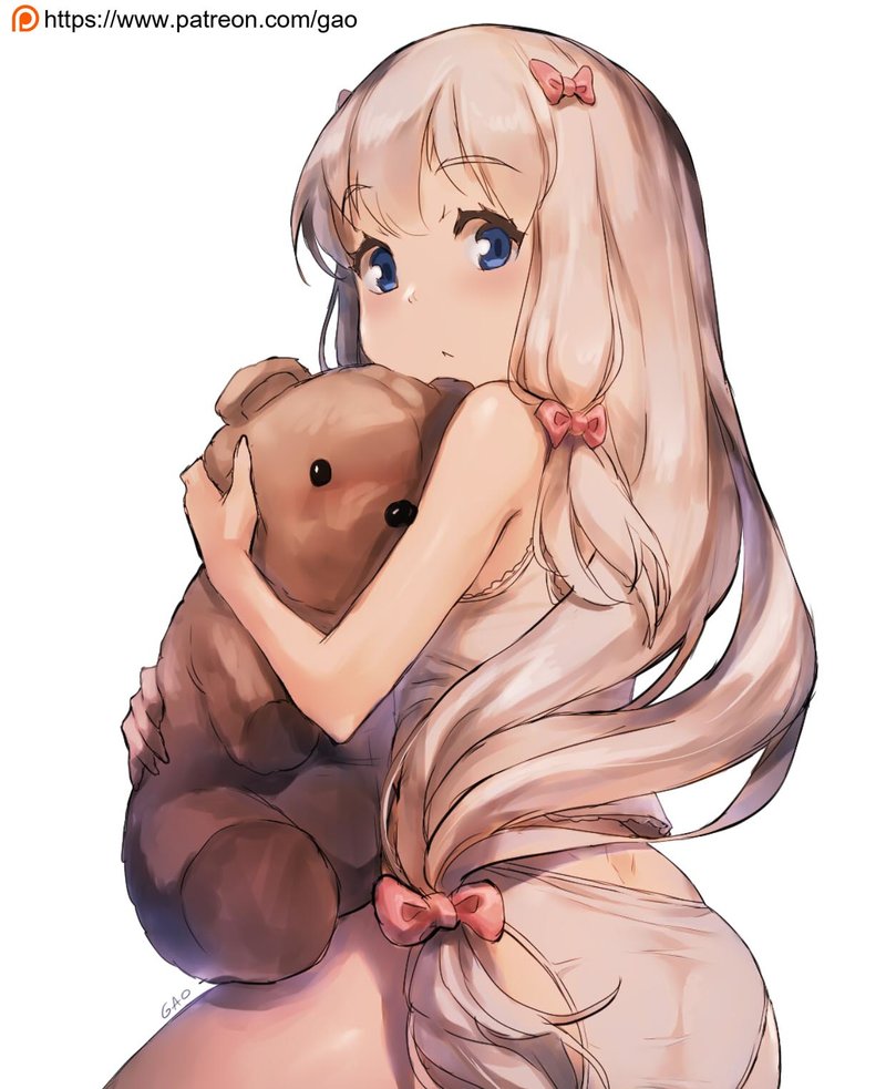 1girl, artist_name, ass, bangs, blue_eyes, bow, eromanga_sensei, eyebrows_visible_through_hair, from_behind, gao-lukchup, hair_bow, izumi_sagiri, long_hair, looking_at_viewer, looking_back, low-tied_long_hair, object_hug, panties, patreon_logo, patreon_username, pink_bow, silver_hair, simple_background, solo, stuffed_animal, stuffed_toy, teddy_bear, underwear, underwear_only, very_long_hair, watermark, web_address, white_background, white_panties