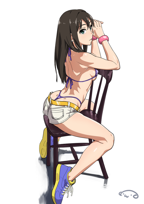 1girl, arms_up, ass, bangs, bikini, black_hair, bracelet, breasts, chair, from_side, green_eyes, halter_top, halterneck, idolmaster, idolmaster_cinderella_girls, jewelry, long_hair, medium_breasts, no_socks, parted_lips, purple_bikini, shibuya_rin, shoes, short_shorts, shorts, sideboob, signature, sitting, sitting_backwards, sneakers, solo, suna, swimsuit, t-back, thighs, thong, thong_bikini