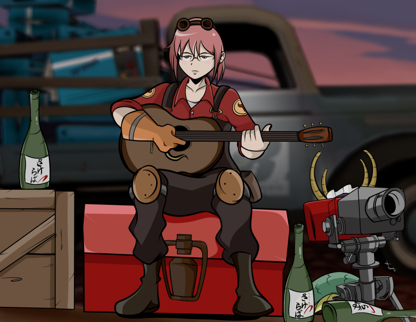 1girl, alcohol, beer_bottle, commentary, cosplay, crate, crossover, dragon_horns