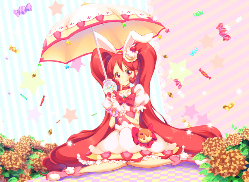 1girl, :q, animal_ears, blush, cake_hair_ornament, candy, cookie, cure_whip