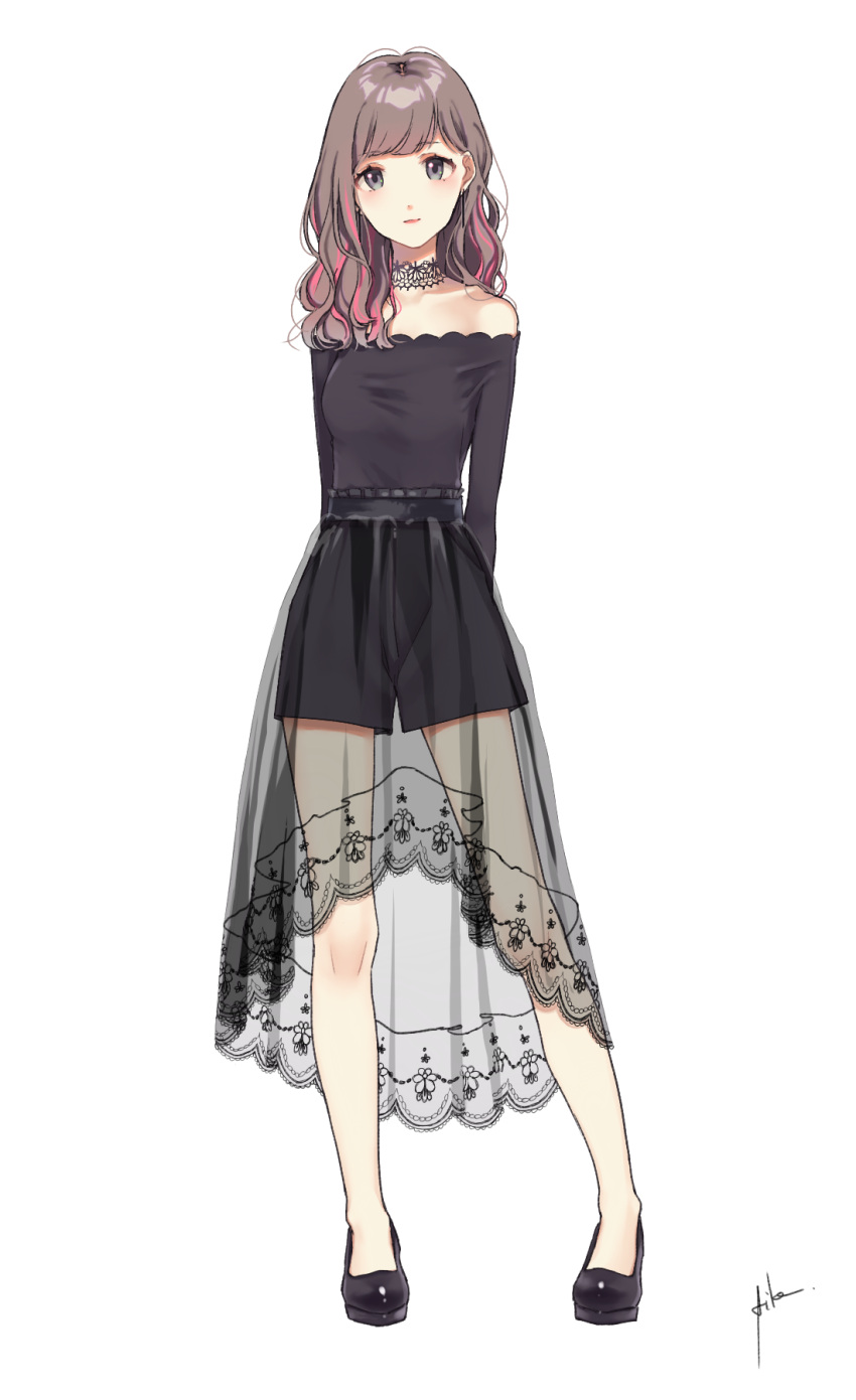 1girl, aiko_(aiko_54), arms_behind_back, bare_shoulders, black_choker, black_dress, black_shirt, black_shoes