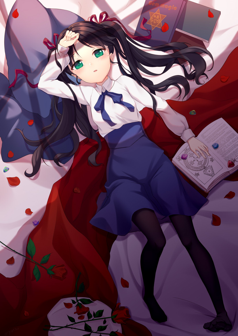 1girl, arm_at_side, arm_up, bed_sheet, black_hair, black_legwear, blue_ribbon, book