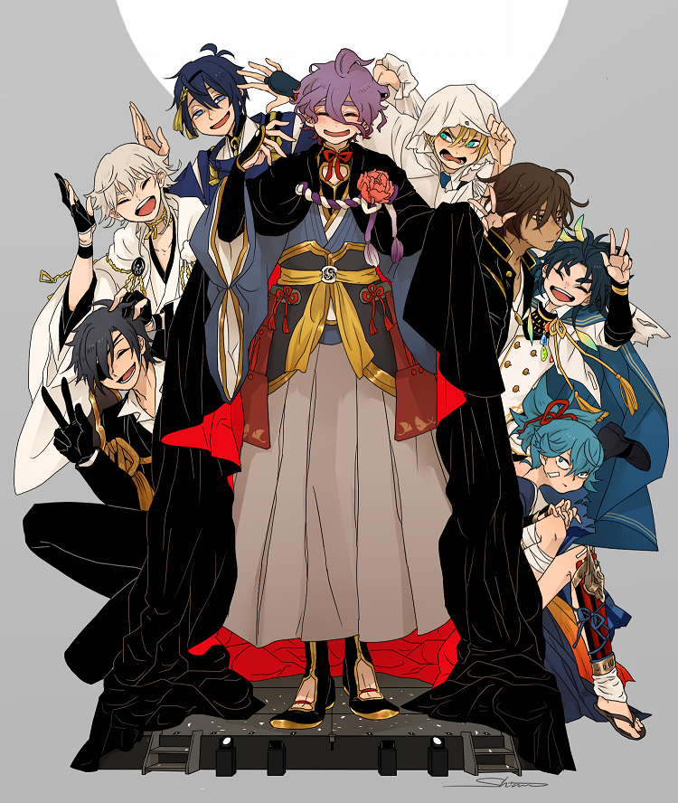 6+boys, ^_^, black_gloves, black_hair, blonde_hair, blue_eyes, blue_hair, brown_hair, cape, closed_eyes, eyepatch, feathers, gloves, hair_feathers, hakama, hood, japanese_clothes, kasen_kanesada, male_focus, mikazuki_munechika, multiple_boys, necktie, ookurikara, open_mouth, partly_fingerless_gloves, ponytail, purple_hair, sandals, sayo_samonji, shimauma_hikuuma, shokudaikiri_mitsutada, shorts, smile, taikogane_sadamune, touken_ranbu, tsurumaru_kuninaga, v, white_hair, yamanbagiri_kunihiro, yellow_eyes