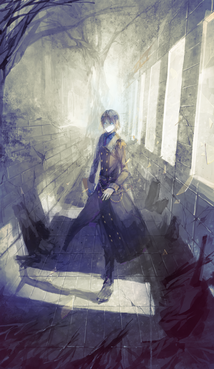 1boy, blonde_hair, blue_coat, blue_eyes, brick_wall, broken_glass, broken_window, coat