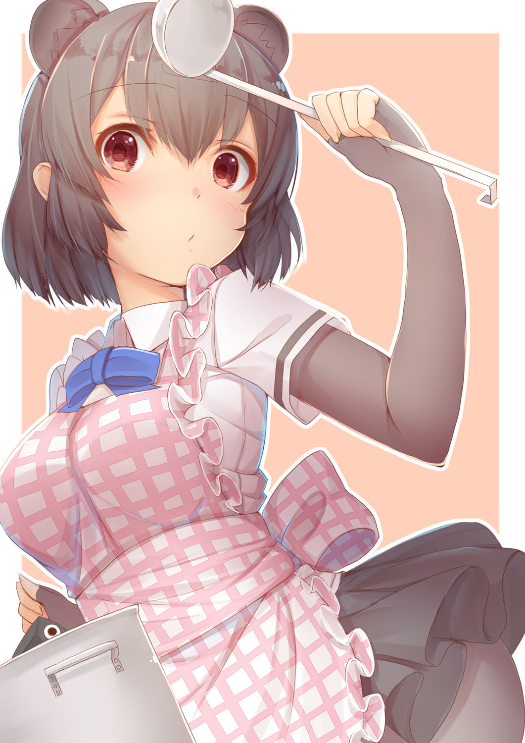 1girl, animal_ears, apron, bear_ears, breasts, brown_bear_(kemono_friends), brown_eyes, checkered_apron