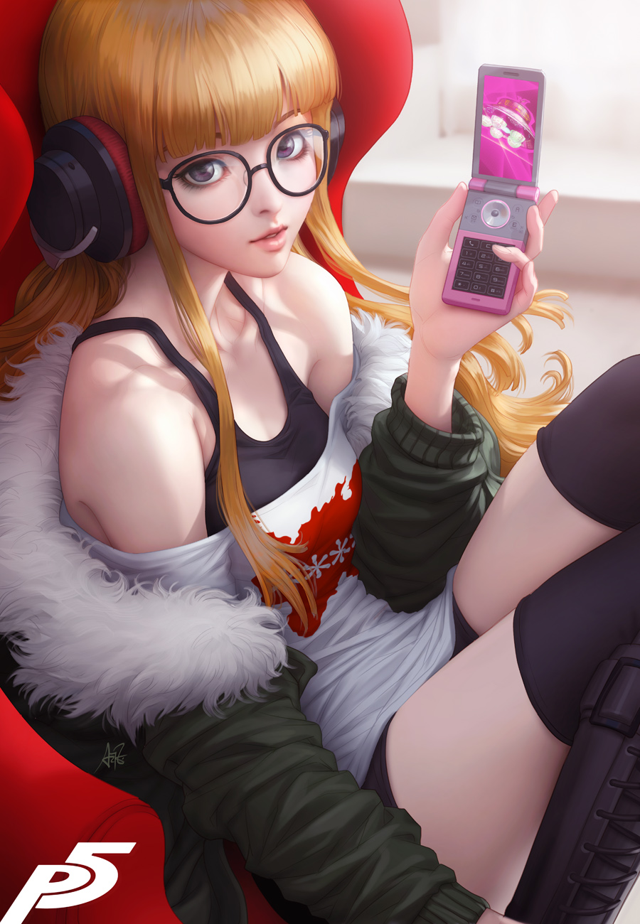 1girl, cellphone, flip_phone, fur_trim, headphones, highres, jacket, logo