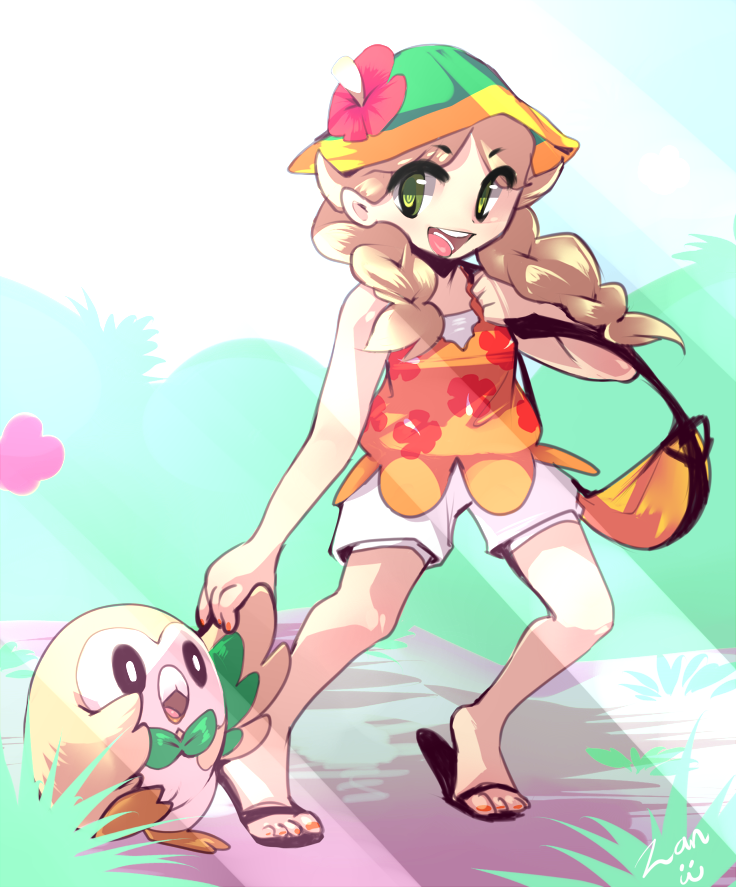 1girl, :d, bag, bare_arms, bare_shoulders, beak, bird, blonde_hair, braid, female_protagonist_(pokemon_ultra_sm), fingernails, flower, full_body, grass, green_eyes, handbag, hat, hat_flower, hibiscus, leaf, long_hair, looking_away, looking_to_the_side, nail_polish, open_mouth, orange_nails, orange_shirt, outdoors, owl, pokemon, pokemon_(creature), pokemon_(game), pokemon_sm, pokemon_ultra_sm, rowlet, sandals, shirt, shorts, smile, tank_top, teeth, tiptoes, toenail_polish, toenails, tongue, twin_braids, walking, white_shorts, zanthu