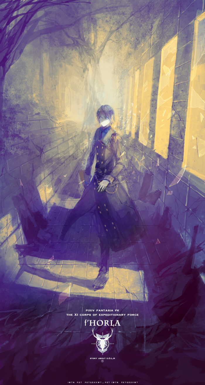1boy, blue_coat, blue_eyes, brick_wall, broken_glass, broken_window, cover, cover_page