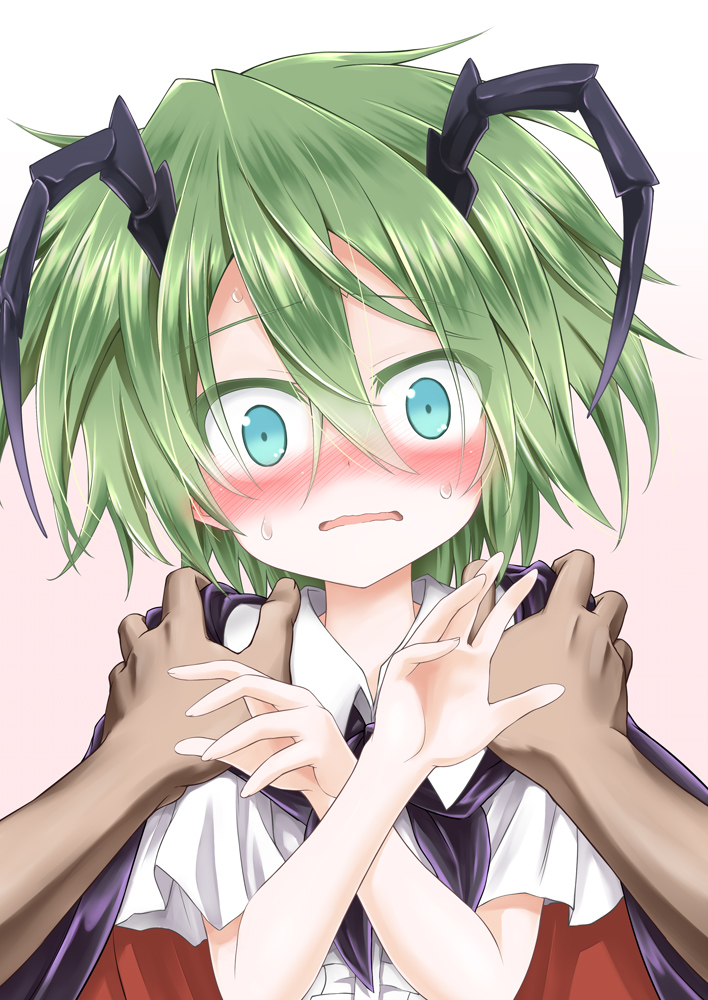 1girl, antennae, blue_eyes, blush, cape, commentary_request, constricted_pupils, embarrassed