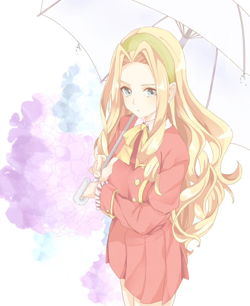 1girl, :o, blonde_hair, cloe_da_pontina, green_eyes, hair_intakes, highres, looking_at_viewer, neck_ribbon, ribbon, school_uniform, solo, tales_weaver, umbrella