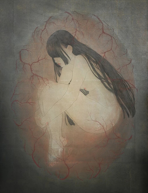 1girl, bangs, barefoot, black_hair, blunt_bangs, fetal_position, hair_over_eyes, hime_cut, long_hair, membrane, nude, original, pale_skin, solo, taguchi_yuka, traditional_media, veins