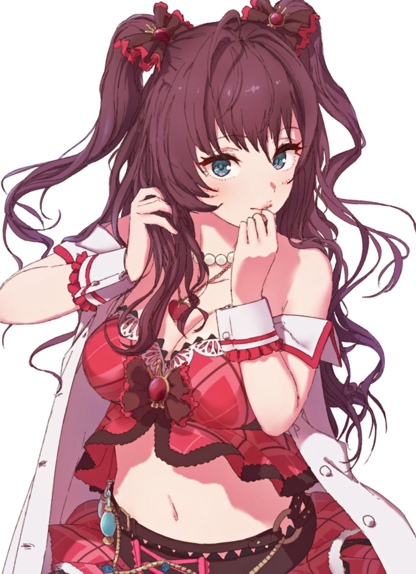 1girl, bangs, bare_shoulders, belt, blue_eyes, bow, breasts, brooch