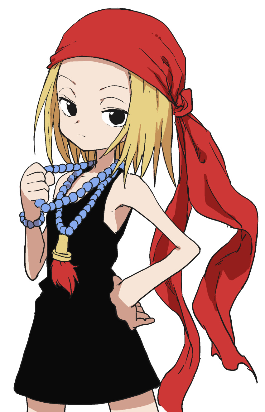 1girl, bandanna, bead_necklace, beads, black_dress, black_eyes, blonde_hair, dress