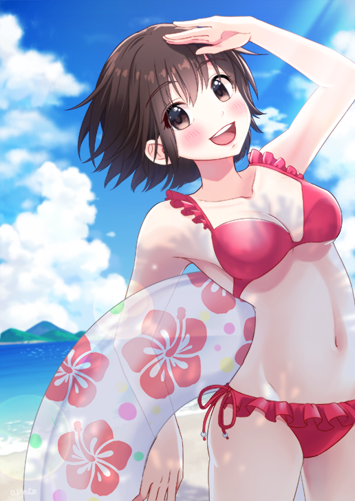 1girl, arinko_(arin_pv), beach, bikini, breasts, brown_eyes, brown_hair, cleavage, day, frilled_bikini, frills, innertube, looking_at_viewer, medium_breasts, navel, open_mouth, original, outdoors, red_bikini, salute, short_hair, side-tie_bikini, solo, swimsuit, upper_body