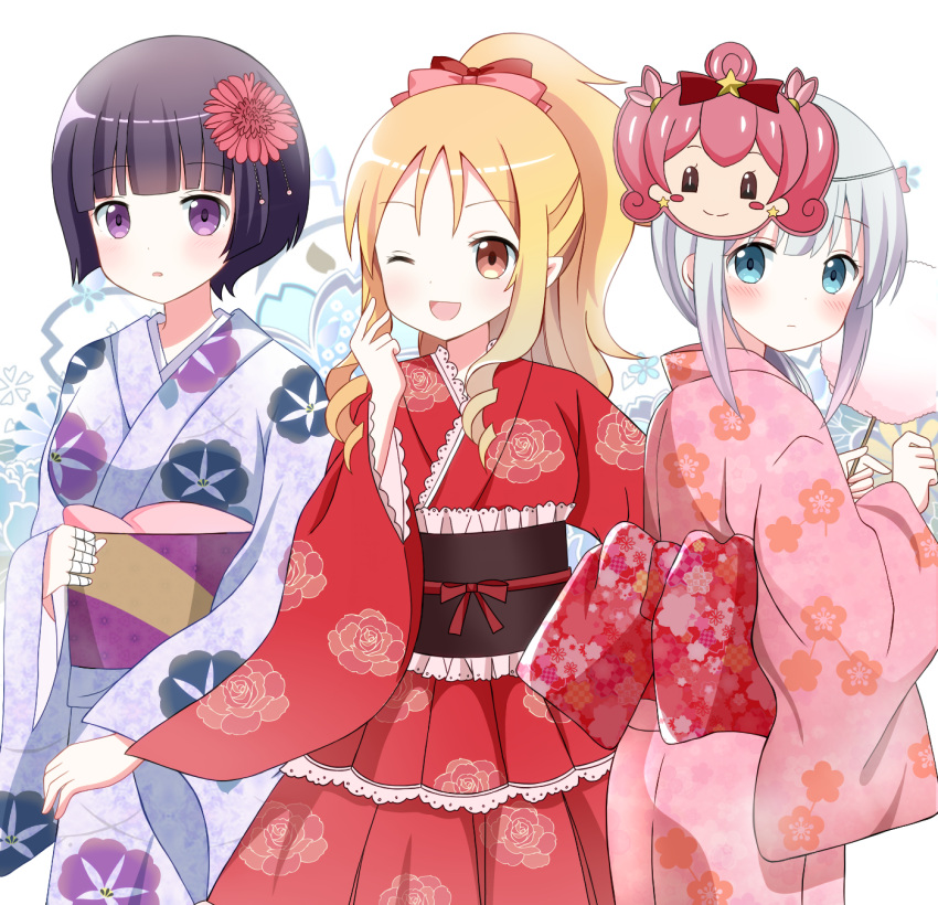 3girls, aqua_eyes, bandage, black_hair, blonde_hair, bow, brown_eyes, cotton_candy